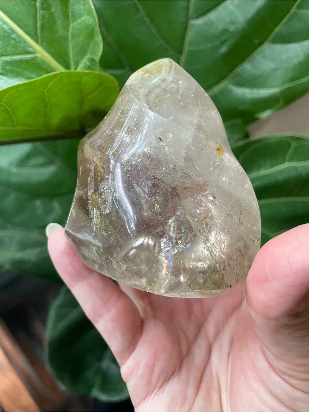 Beautiful smoky quartz polished crystal flame with rainbows